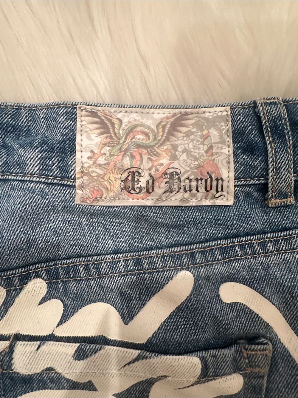 Ed Hardy Blue Denim Jean Shorts with Floral Patch - Picture 4 of 7